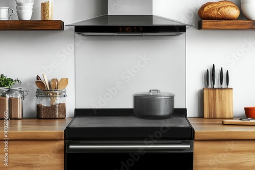Modern Kitchen with Black Oven, Stylish Hood, Wooden Shelves, and Gourmet Cooking Utensils in a Minimalist Design for Functional Food Preparation Spaces