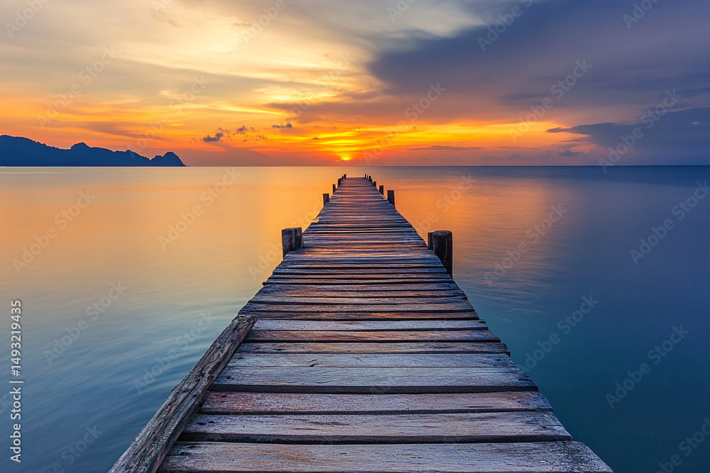 Obraz premium A long wooden pier stretches over calm water towards a vibrant sunset with orange and yellow hues on the horizon and distant mountains.