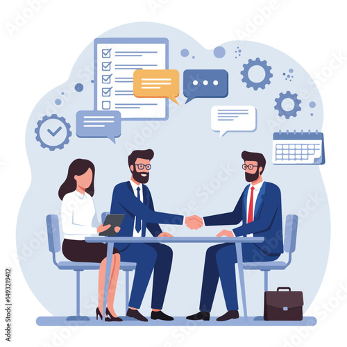 Two businessmen shake hands across a table, while a woman sits beside one with a tablet, amidst icons symbolizing business processes and agreements.