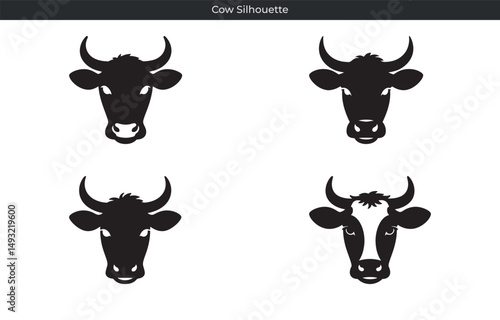 Set of vector silhouettes of cow faces depicting dairy farming and agriculture concepts