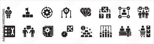 Business management flat icon set. Contains symbol of businessman, target, finance, lunchtime, success, hierarchy, data, reward, work, money, employee, task, shop, meeting, job. Vector illustration