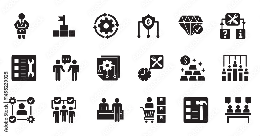 Business company, management flat icon set. Contains symbol of businessman, target, finance, lunchtime, success, hierarchy, data, work, money, employee, task, shop, meeting, job. Vector illustration Business company, management flat icon set. Contains symbol of businessman, target, finance, lunchtime, success, hierarchy, data, work, money, employee, task, shop, meeting, job. Vector illustration