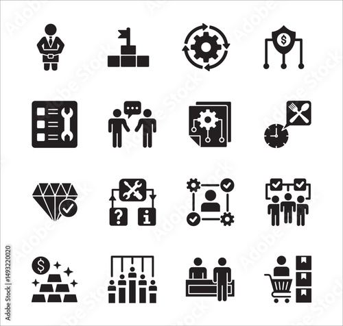 Business management flat icon set. Contains symbol of hierarchy, data, reward, work, money, employee, businessman, target, finance, lunchtime, success, task, shop, meeting, job. Vector illustration