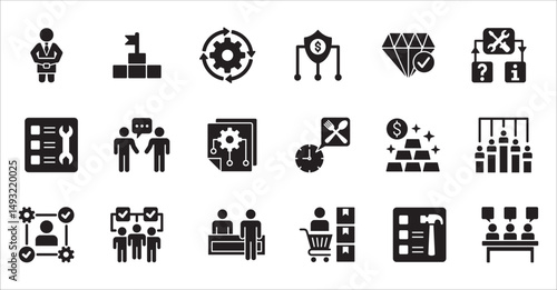 Business company, management flat icon set. Contains symbol of businessman, target, finance, lunchtime, success, hierarchy, data, work, money, employee, task, shop, meeting, job. Vector illustration