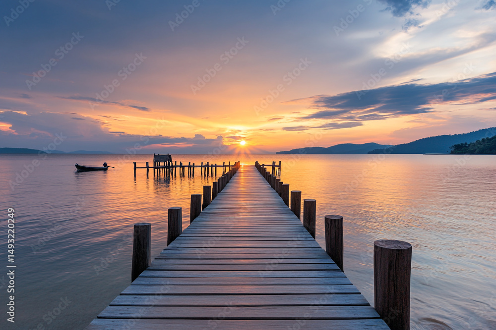 A long wooden pier stretches over calm water towards a vibrant sunset with orange and yellow hues on the horizon and distant mountains. A long wooden pier stretches over calm water towards a vibrant sunset with orange and yellow hues on the horizon and distant mountains.