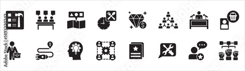 Business management flat icon set. Contains symbol of businessman, target, finance, lunchtime, success, hierarchy, data, reward, work, money, employee, task, shop, meeting, job. Vector illustration