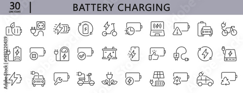 Battery Charging line icons set with Charger, Charge, Power, Energy, Accumulator, Renewable, Solar Panel and more. Editable Stroke