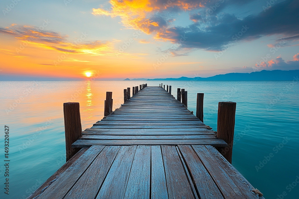 Fototapeta premium A long wooden pier stretches over calm water towards a vibrant sunset with orange and yellow hues on the horizon and distant mountains.