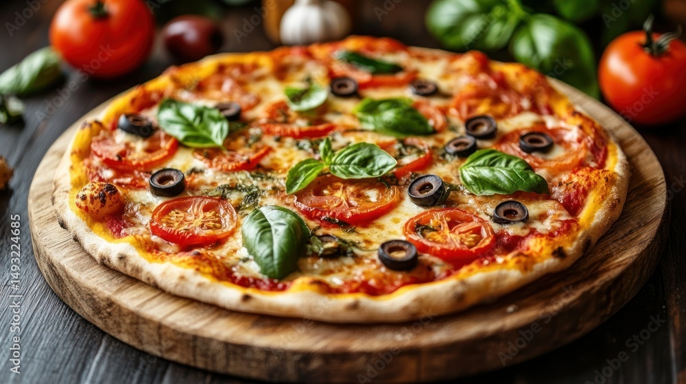 Delicious Italian pizza with fresh toppings Delicious Italian pizza with fresh toppings