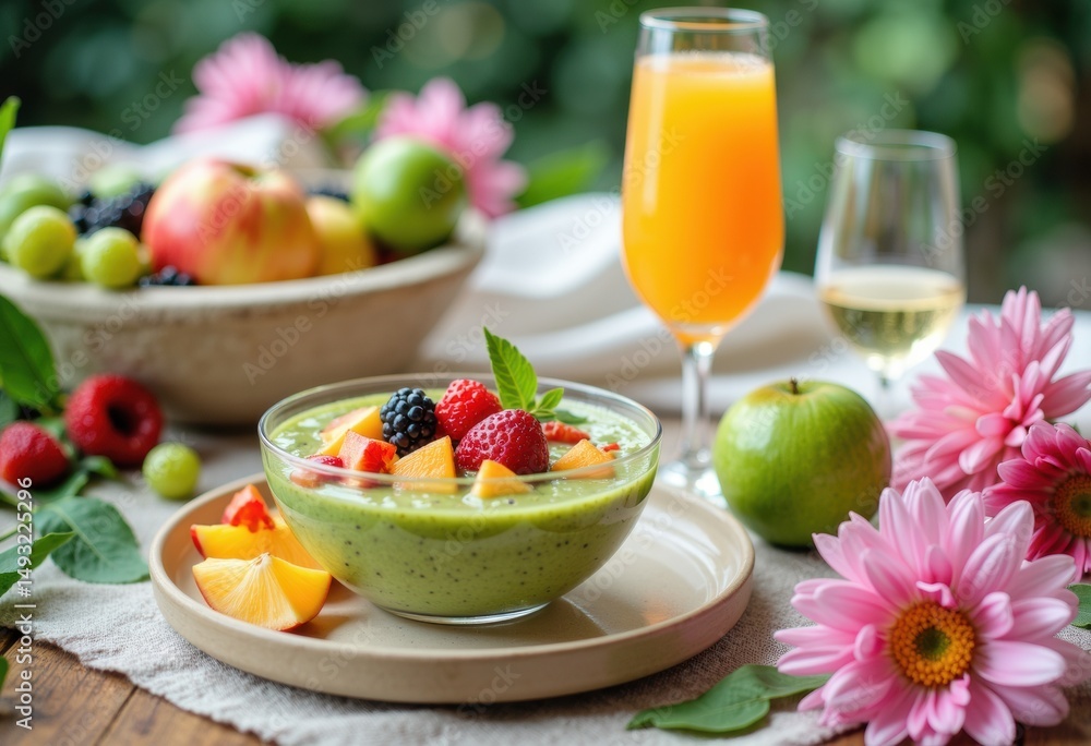 Fresh fruit smoothie bowl with berries and tropical fruits served with juice and flowers Fresh fruit smoothie bowl with berries and tropical fruits served with juice and flowers