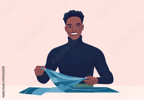 Smiling Black Man Holding Blue Fabric