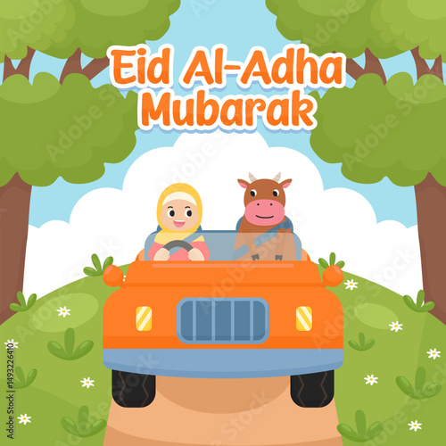 A woman and her sacrificial cow are riding in a car to celebrate Eid al-Adha.