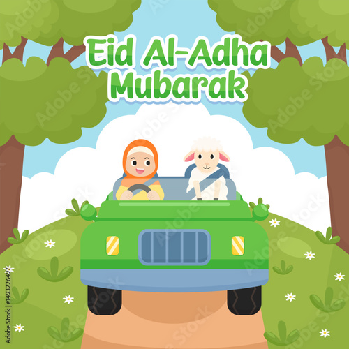 A woman and her sacrificial sheep are riding in a car to celebrate Eid al-Adha.
