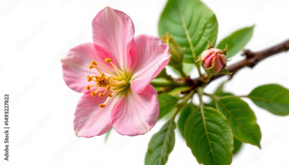 Fototapeta premium Delicate pink flower blooming on branch with fresh green leaves against a neutral background for nature photography and aesthetics