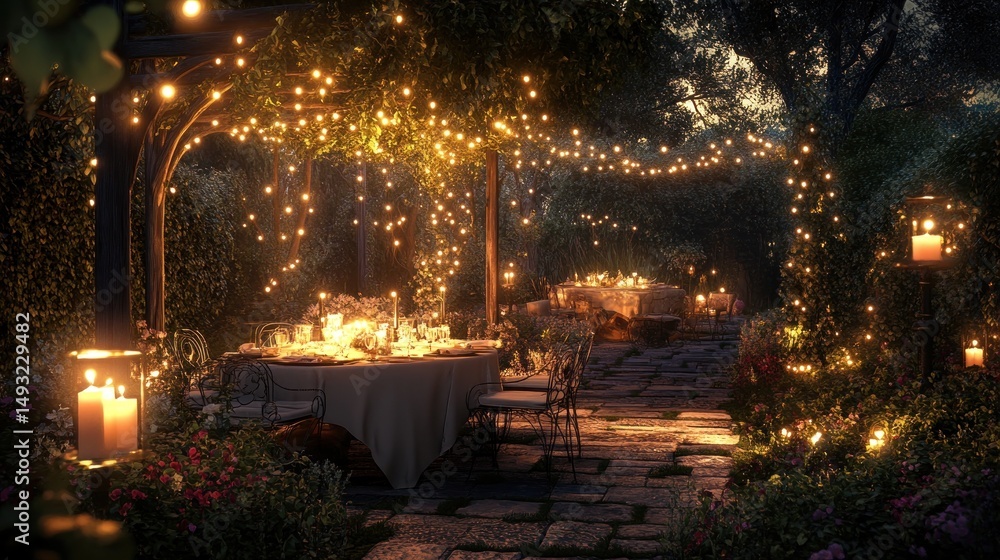 Obraz premium Romantic garden party at night. Warm lighting, rustic tables, and lush greenery create a magical ambiance