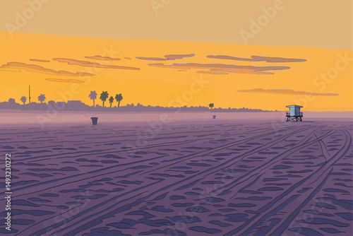 Vector Illustration Landscape Beach Sunrise in Southern California
