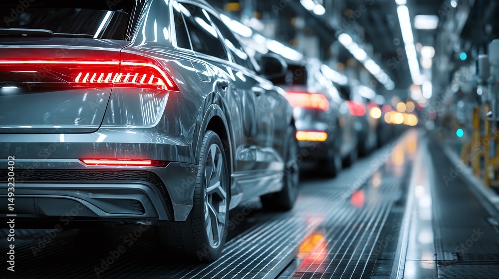 Automated car manufacturing: Row of new vehicles on the production line, with bright lights and reflective surfaces, symbolizing technology and industry. Automated car manufacturing: Row of new vehicles on the production line, with bright lights and reflective surfaces, symbolizing technology and industry.