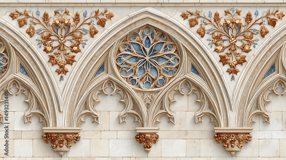 Fototapeta premium Intricate Venetian Gothic Arch with Detailed Vintage Texture and Floral Accents