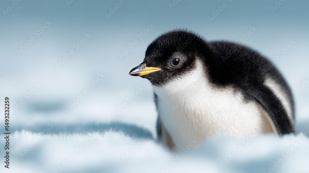 Obraz premium A charming young penguin stands on soft snow. This adorable creature captures the essence of winter wildlife. Perfect for nature lovers and educational purposes. AI