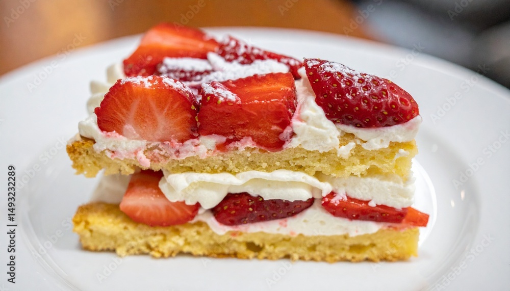 A delicious slice of strawberry cake with whipped cream, a delightful treat for any occasion A delicious slice of strawberry cake with whipped cream, a delightful treat for any occasion