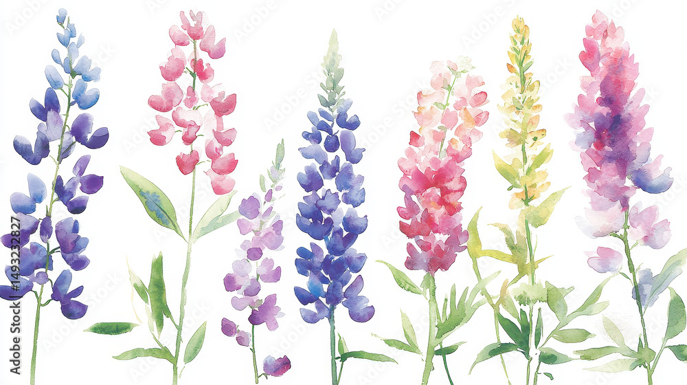 Fototapeta premium Watercolor botanical illustration of colorful lupine flowers in various shades, showcasing their beauty and elegance