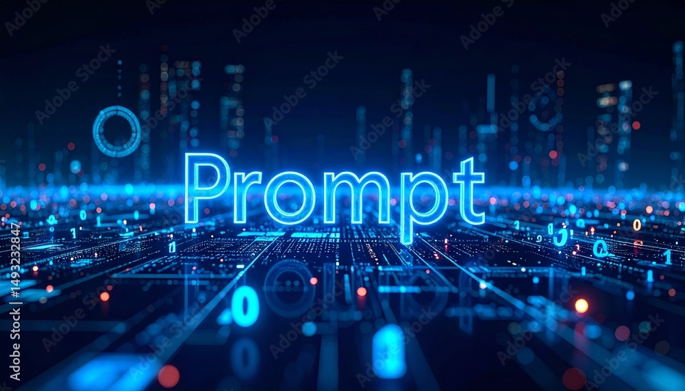 Fototapeta premium Prompt word in a futuristic digital scene, a visual representation of technology and innovation. The glowing word stands out against a complex backdrop of data and code, reflecting the digital age.