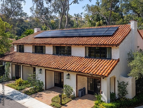 Suburban Solar Neighborhood—Ringed Cul-de-Sac, Home Rooftop Tiles, Battery Packs, Trees, Paths