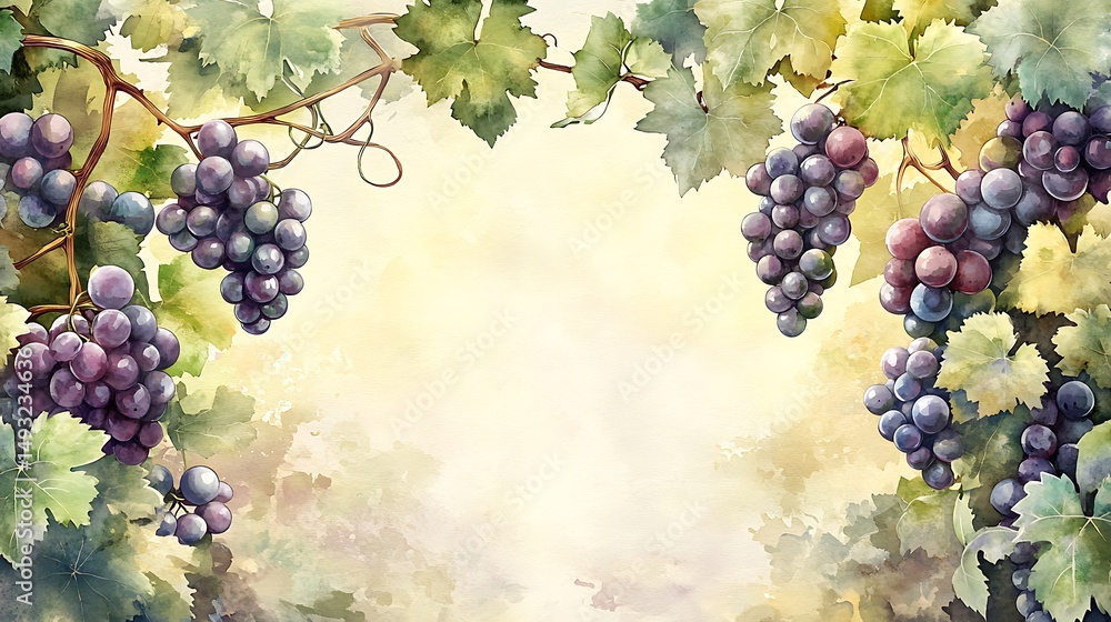 A watercolor painting of an elegant grapevine border with purple and green grapes, delicate tendrils, soft vineyard background, golden sunlight. Created Using: watercolor brushes,