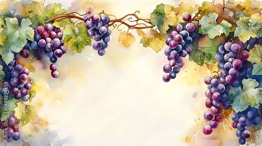 A watercolor painting of an elegant grapevine border with purple and green grapes, delicate tendrils, soft vineyard background, golden sunlight. Created Using: watercolor brushes,