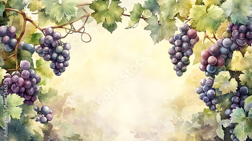 Obraz na płótnie A watercolor painting of an elegant grapevine border with purple and green grapes, delicate tendrils, soft vineyard background, golden sunlight. Created Using: watercolor brushes, w salonie