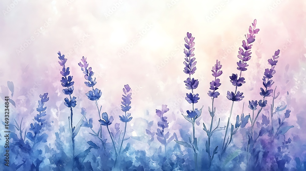 Naklejka premium A watercolor painting of blueberry and lavender botanical border, soft blues and purples, delicate green stems, light countryside background, glowing sunlight. Created Using: watercolor brushes,