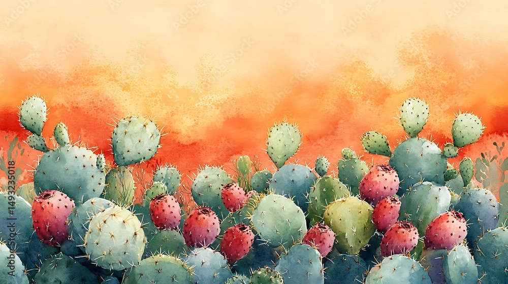 A watercolor painting of cactus and prickly pear fruit forming a southwestern border, vibrant green and magenta tones, near a soft desert sunset background. Warm orange sky, soft sand textures.