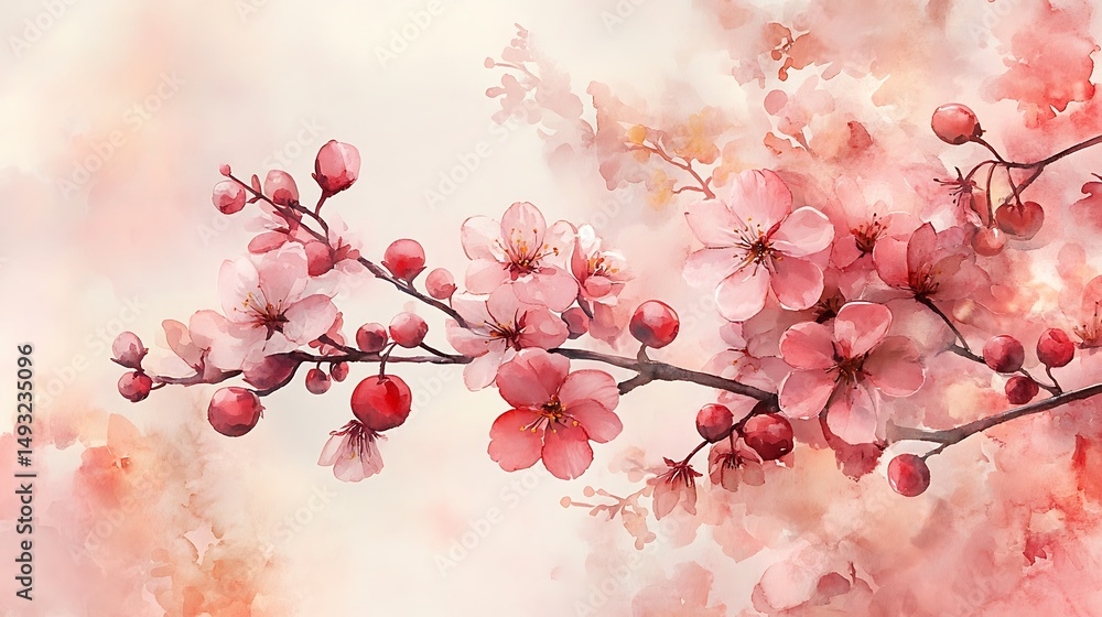 A watercolor painting of cherry blossom and cherry fruit border, soft pinks and reds, delicate branches, light pastel background, glowing sunlight. Created Using: watercolor brushes,