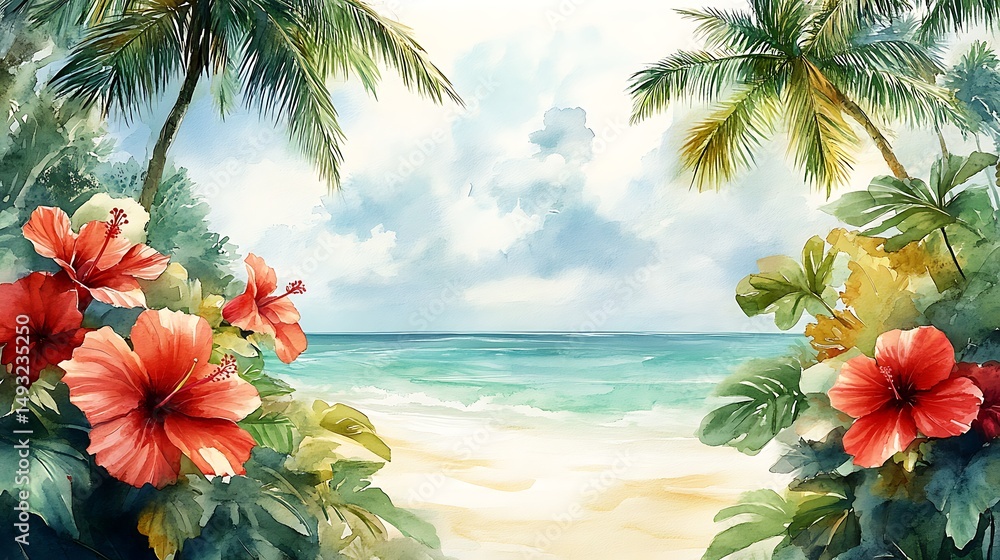 A watercolor painting of coconut and hibiscus forming a tropical island border, vibrant reds, greens, and browns, near a soft turquoise ocean background. Palm trees swaying in distance,