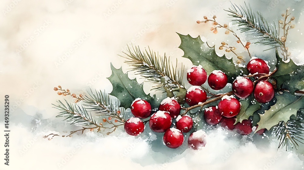 A watercolor painting of cranberry and holly berry festive holiday border, vibrant red and green tones, pine leaves and snow accents, soft winter background. Gentle snowfall, glowing highlights.