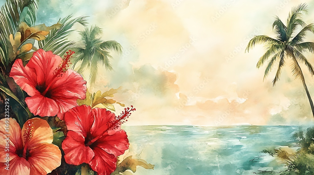 A watercolor painting of coconut and hibiscus forming a tropical island border, vibrant reds, greens, and browns, near a soft turquoise ocean background. Palm trees swaying in distance,