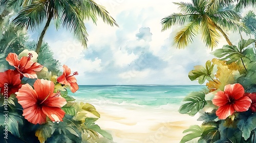 Obraz na płótnie A watercolor painting of coconut and hibiscus forming a tropical island border, vibrant reds, greens, and browns, near a soft turquoise ocean background. Palm trees swaying in distance, w salonie