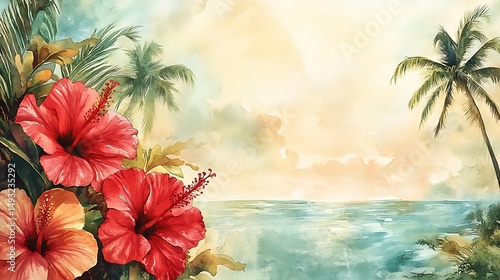 Obraz na płótnie A watercolor painting of coconut and hibiscus forming a tropical island border, vibrant reds, greens, and browns, near a soft turquoise ocean background. Palm trees swaying in distance, w salonie