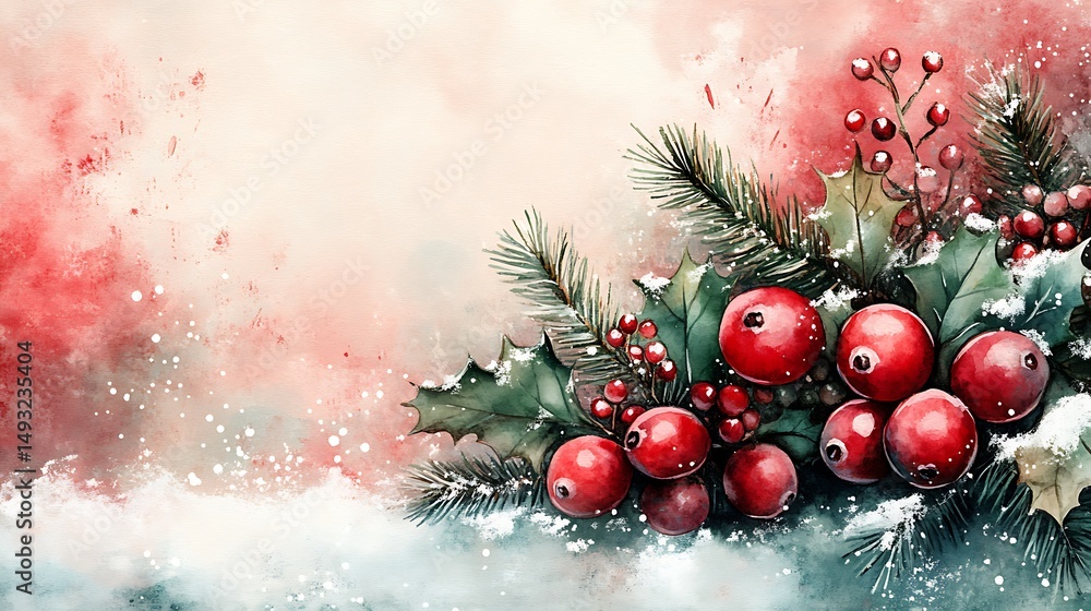 A watercolor painting of cranberry and holly berry festive holiday border, vibrant red and green tones, pine leaves and snow accents, soft winter background. Gentle snowfall, glowing highlights.