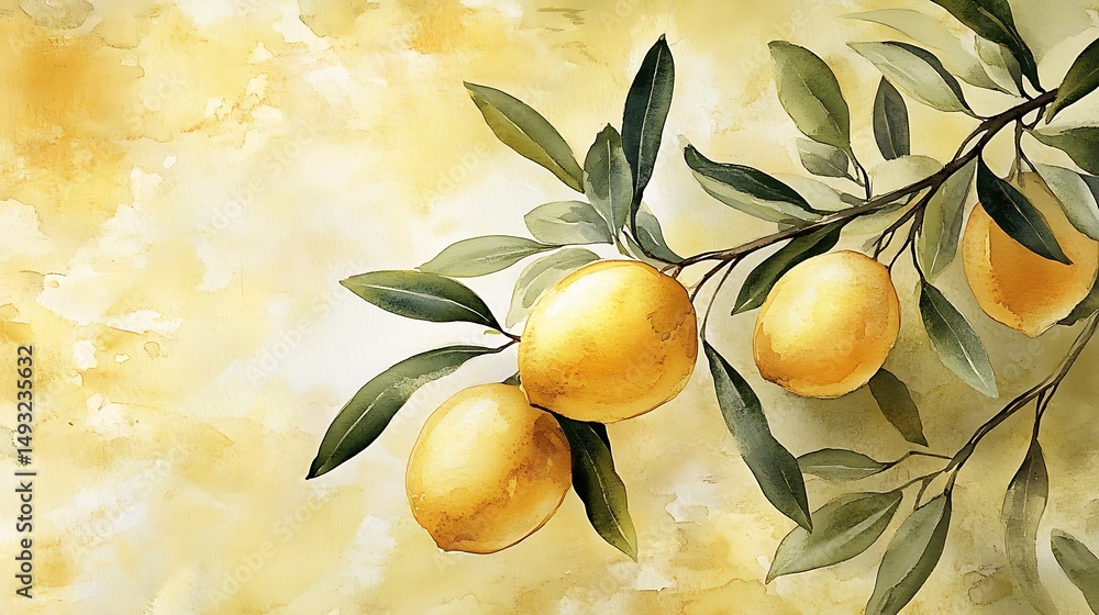 A watercolor painting of lemon and olive branch Mediterranean border, vibrant yellow and green tones, rustic stone background, soft sunlight. Delicate shadows, warm atmosphere.