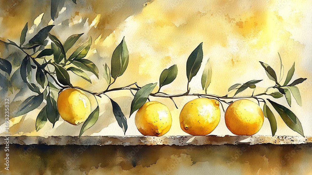 A watercolor painting of lemon and olive branch Mediterranean border, vibrant yellow and green tones, rustic stone background, soft sunlight. Delicate shadows, warm atmosphere.