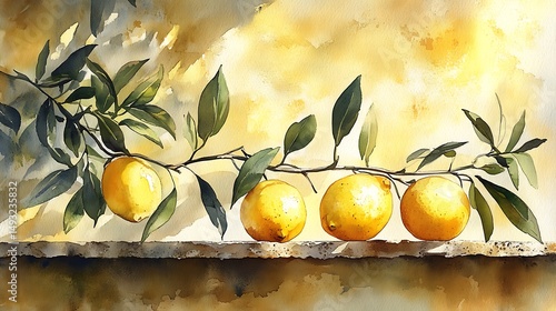Obraz na płótnie A watercolor painting of lemon and olive branch Mediterranean border, vibrant yellow and green tones, rustic stone background, soft sunlight. Delicate shadows, warm atmosphere. w salonie
