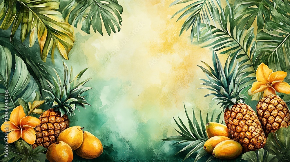 A watercolor painting of pineapples, mangoes, and palm leaves forming a tropical border, vibrant yellows and greens, soft ocean background, glowing sunlight. Created Using: watercolor brushes,