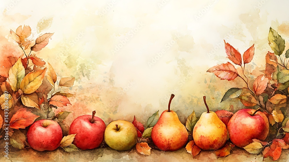 A watercolor painting of rustic apple and pear border with autumn leaves, warm reds, greens, and golds, soft countryside background, glowing autumn sunlight. Created Using: watercolor brushes,