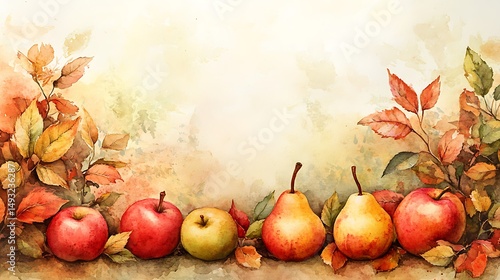 Obraz na płótnie A watercolor painting of rustic apple and pear border with autumn leaves, warm reds, greens, and golds, soft countryside background, glowing autumn sunlight. Created Using: watercolor brushes, w salonie