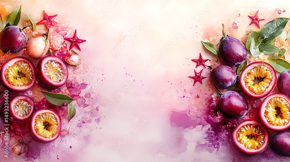 An abstract artistic border made of fragmented passionfruit and starfruit shapes, floating over a soft watercolor splash background. Pastel shades, loose composition, minimal outlines.