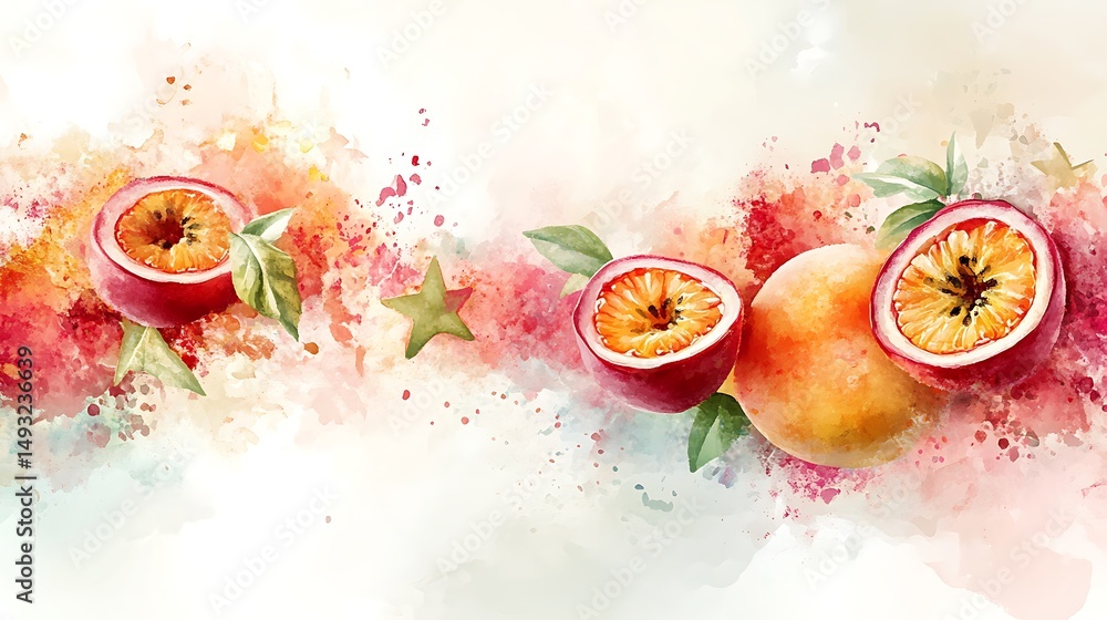 An abstract artistic border made of fragmented passionfruit and starfruit shapes, floating over a soft watercolor splash background. Pastel shades, loose composition, minimal outlines.