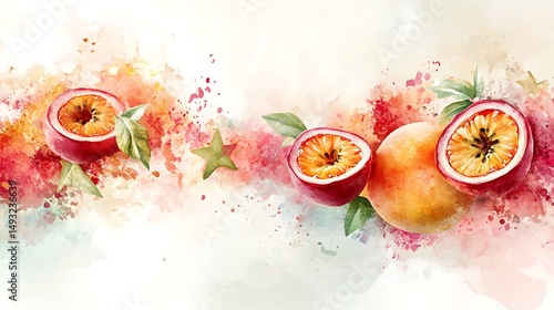 Obraz na płótnie An abstract artistic border made of fragmented passionfruit and starfruit shapes, floating over a soft watercolor splash background. Pastel shades, loose composition, minimal outlines. w salonie