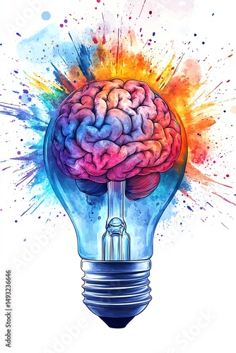 Watercolor clipart of a lightbulb exploding in vibrant neon colors, revealing a highly detailed human brain inside, isolated white background, symbol of creativity and intelligence