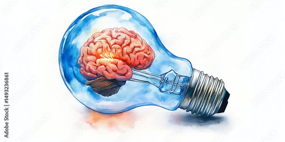 Watercolor illustration of a neonexploding bulb showing a brain inside, isolated clipart design, concept art of brilliant thoughts, imagination, and mental energy